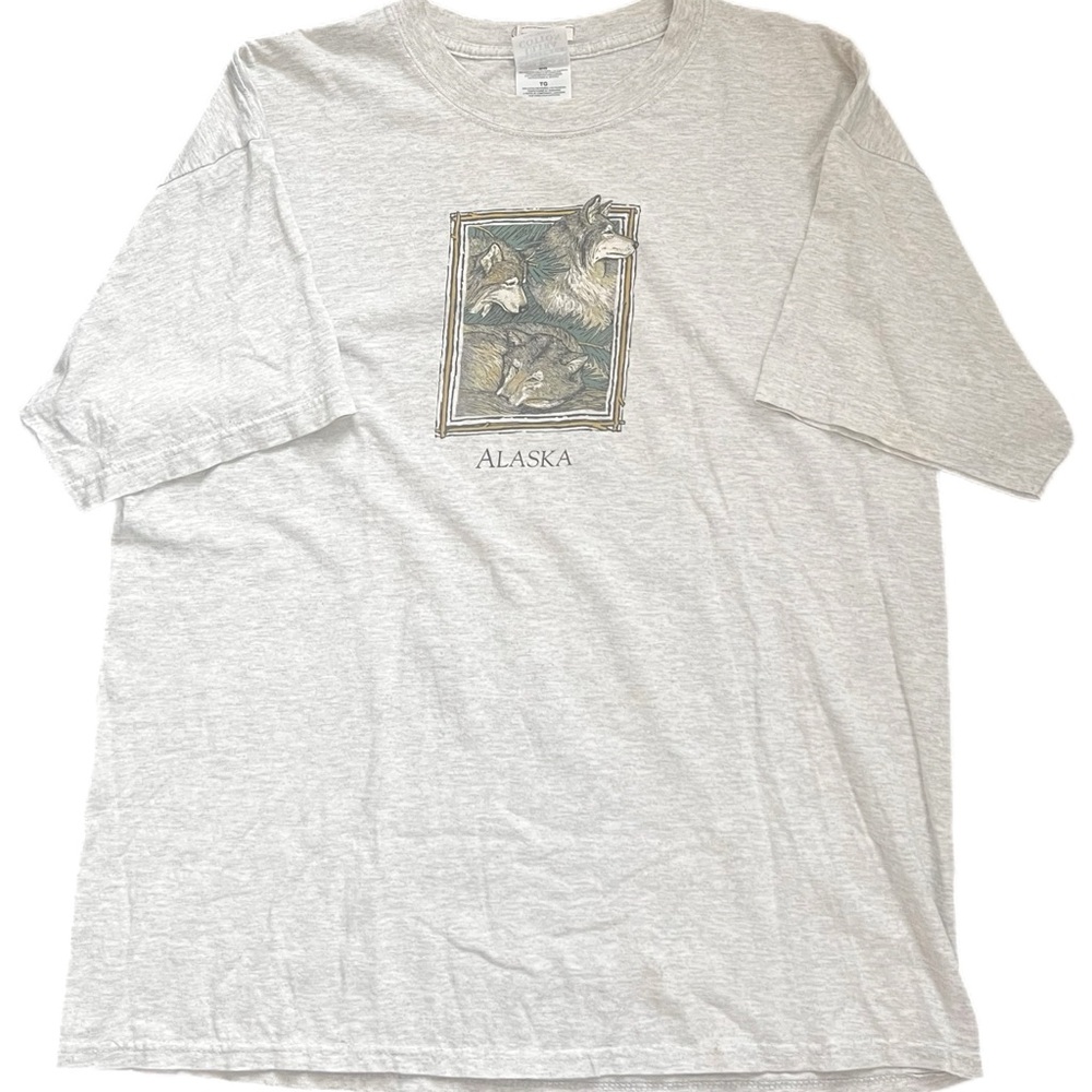 Vintage 90s Gildan Ultra Cotton Heavyweight Heather Grey Alaska Wolf Tee